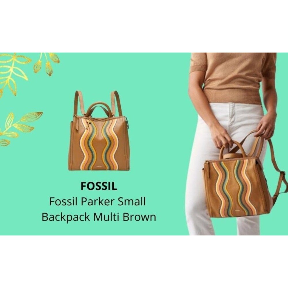 Fossil Parker Convertible Backpack Leather, Tan with Retro Wavy Stripes CUTE! - Picture 2 of 16